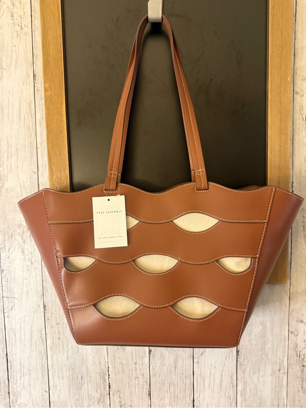 Free Assembly Women's Cut Out Tote Handbag EH6 Cognac/Cream Out of stock